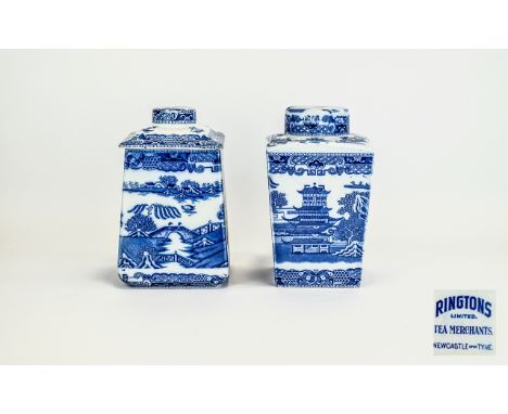 Ringtons - Blue and White Vintage Tea Caddy's ( 2 ) Chinoiserie Design. Full Ringtons Stamp to Underside. Height 8 Inches. Go