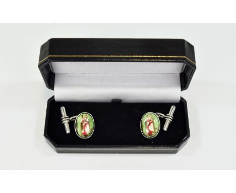 Pair Of Gents Silver Cufflinks The Oval Enamelled Fronts Showing Golfing Bags, Stamped 925