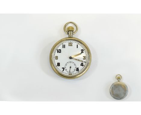 A Vintage Chrome Cased - Mechanical Military Open Faced Pocket Watch. White Porcelain Dial, Secondary Dial, Screw Back. No's 