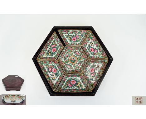 Cantonese Famille Rose Boxed Hexagonal Spice Dishes Lidded wooden box housing seven ceramic dishes in pink and gilt pattern w
