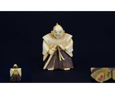 Japanese - Tokyo School 19th Century Very Fine and Signed Carved Ivory Netsuke of a Nobleman / Warrior. Signed to Underside o