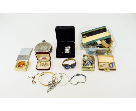 Mixed Collection Of Costume Jewellery Comprising Brooches, Stick Pins, Ladies Wristwatch, Miniature 'motor car' Desk Clock, C