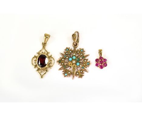 Three 9ct Gold Pendants, Set With Garnet, Turquoise And Ruby Coloured Stones.