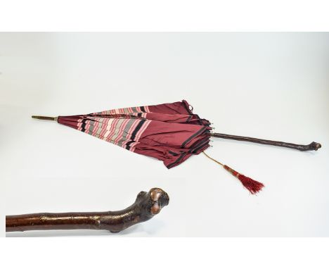 Vintage Parasol Of silk and wood construct, Canopy of heavy claret, pale grey, pink and black striped silk. Original tassel a