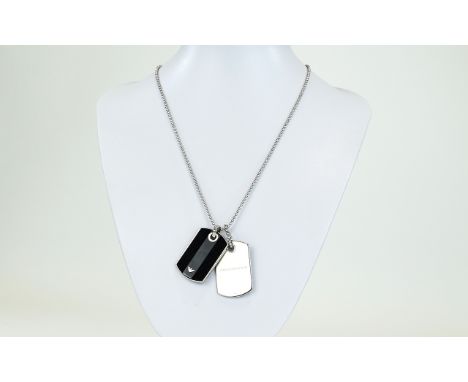 Emporio Armani Dog Tag Necklace Silver tone metal chain with double dog tag in black enamel and silver tone metal. Lobster cl