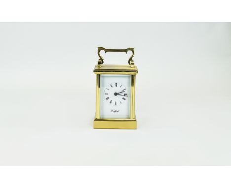 Modern - English Brass Cased Carriage Clock, Battery Driven, Features White Porcelain Dial, Marked to Dial, Woodford. 5 Inche