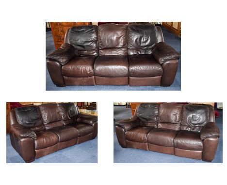 Reclining Three Seater Leather Sofa Plush leather sofa of generous proportions with left and right recliners. Fashioned in de