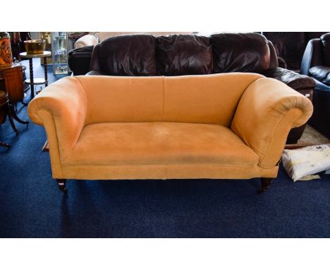 Queen Anne Sofa Three seater sofa of generous proportions on dark wood cabriole legs with castors. Exaggerated arms, upholste