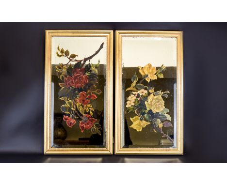 Antique Hand Painted Mirrors Two bevelled glass mirrors in contemporary distressed gilt frames, each overpainted with rose an