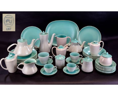 Poole Part Dinner And Coffee Set  Approx 90 Pieces, Turquoise and Light Grey Marl in colour. Comprising 2 Oval Platters, 1 Se