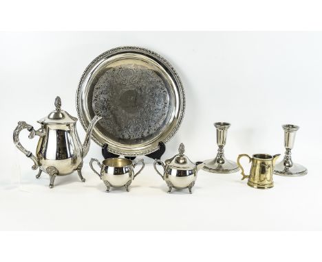 Small Collection of Silver Plated Ware comprising teapot, sugar bowl, milk jug and tray. Together with a small jug and a pair