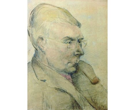 Circle of Stanley Spencer (1891-1959) British. Bust Portrait of a Man Smoking a Pipe, Watercolour and Pencil, Signed with Ini
