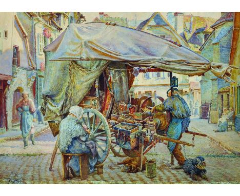 Thomas Matthew Rooke (1842-1942) British. "A Troyes Knife Grinder", in a Street Scene, Watercolour, Signed, Inscribed and Dat