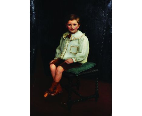 Charles Ernest Butler (1864-1933) British. Portrait of a Young Boy, Seated on a Stool with a Green Cushion, Oil on Canvas, Si