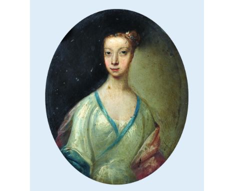 Style of John Vanderbank (1686-c.1739) English. Portrait of a Lady, Oil on Copper, Oval, Unframed, 7" x 5.75".