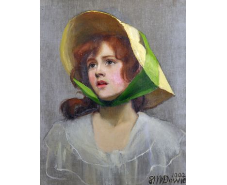 Sybil M... Dowie (exh.1898-1928) British. "Buttercup", Portrait of a Young wearing a Bonnet, Oil on Canvas, Signed and Dated 