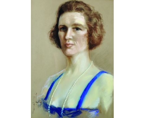 20th Century German School. Bust Portrait of a Lady, Dressed in Blue, with a Pearl Necklace, Pastel, Indistinctly Signed, 19.