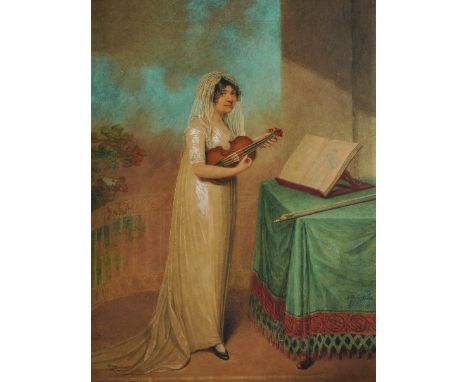 Adam Buck (1759-1833) British. Portrait of a Lady, Standing by a Side Table, Holding a Violin, Watercolour, Signed, Inscribed