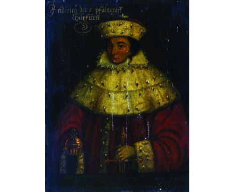 17th Century German School. Portrait of Friderich Pfalzgraff, in Costume, Holding a Sword and an Orb, Oil on Panel laid onto 