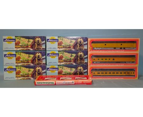 OO/HO gauge, six boxed Athearn coach kits, three boxed IHC coaches, (bogies missing from one and an IHC Interior for Passenge