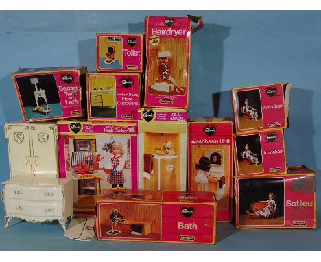 Sindy, eleven boxed Pedigree Sindy items: Magic Cooker, Shower, Toilet, Wash Basin, Bath, Hair Dryer, Settee, Armchair (x2), 