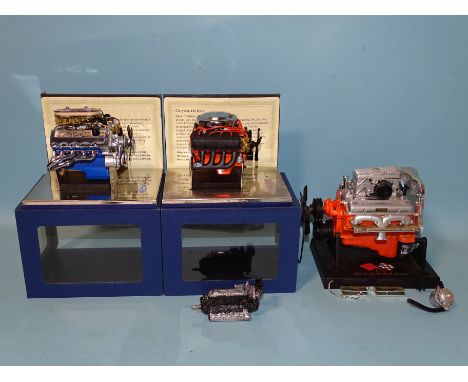 Two diecast models of car engines: Ford 427 Sohl and Hemi 426 V8, both boxed, marked 'Made in China', a diecast and plastic c
