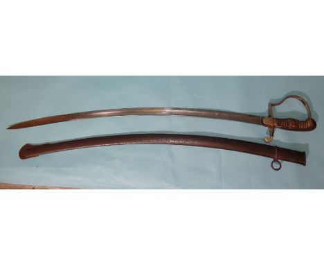 A late-19th century German officer's cavalry sabre with nickel-plated mounts, stirrup hilt and fullered 78cm blade etched wit