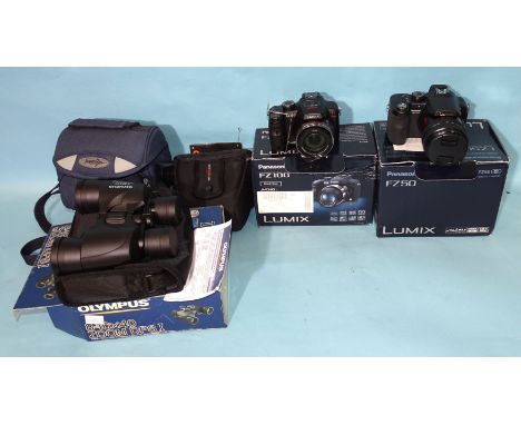 A Panasonic FZ50 Lumix digital camera, a Panasonic FZ100 Lumix digital camera, two camera bags and a pair of Olympus 8-16x40 