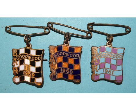 Three BARC (British Automobile Racing Club) Goodwood lapel badges by Marples and Beasley, for 1959, 1960 and 1961, (3). 