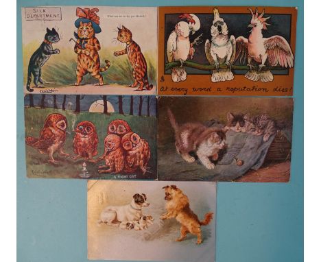 Two Louis Wain postcards: one of cats, the other owls and three other animal postcards. 