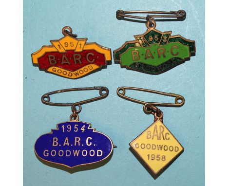 Four BARC (British Automobile Racing Club) Goodwood lapel badges by Marples and Beasley: 1951, 1953, 1954 and 1958. 
