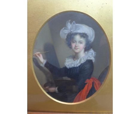 19th century Continental School, a portrait of a maiden artist, oil on board, within an ornately carved giltwood frame, H.30c