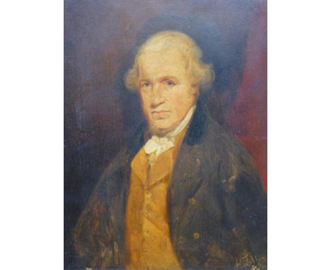 19th century British School, portrait of John Watt, oil on card laid on panel, indistinctly signed lower right, H.19cm W.15cm
