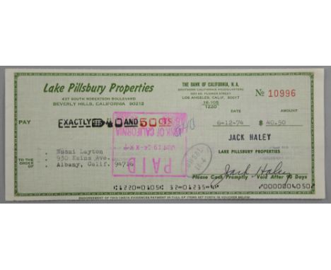 An original cheque from 6-12-74 signed by Jack Haley, American Actor best known for playing the Tin Man in The Wizard of Oz 