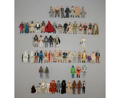 60+ Vintage Star Wars figures, all unboxed ranging from 1977 onwards, 11x figures from 1977 Kenner G.M.F.G.I., Stormtrooper, 