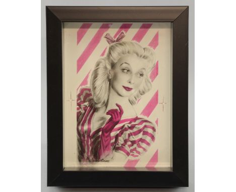 Proof print of 1940És-50És glamorous girl by the cinema poster artist Eric Pulford, framed, 7 x 9 inches