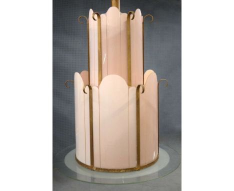 Cinema - Large two tier metal & glass pendant ceiling light fitting complete with two tier pink glass panels, replicating a f