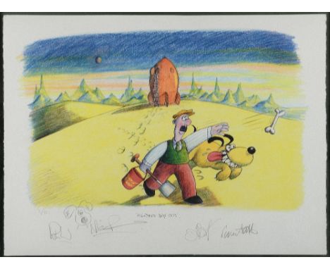 Wallace & Gromit, Limited edition print, 'A Grand Day Out', 5/75, signed by Nick Park, Peter Sallis, Peter Lord & another, fr