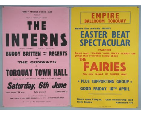 2 British beat gig posters, The Fairies 1965 & the Cardiff based Interns 1964, both playing Torquay, both posters 20 x 30 inc