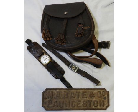 M.A BATE & CO LAUNCESTON CAST IRON SIGN (8'X2.5') LEATHER SPORRAN, PT DOOR KNOCKER, ZENITH AUTOMATIC WRISTWATCH + 1 