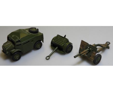 DINKY 688 FIELD ARTILLERY TRACTOR + 687 25 POUND FIELD GUN (ORIGINAL) + 686 25 POUNDER FIELDGUN REPAINTED 