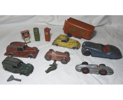 3 PETROL PUMPS, MARX RACE CAR, MECCANO SPEED OF THE WIND SCALEX JAGUAR XK120, 2 TIMPO CARS, TRIANG MINIC TRANSPORT TRAILER + 