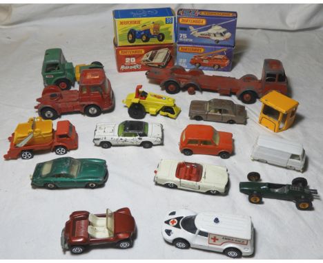 4 MATCHBOX BOXED VEHICLES & 22 BLAZE BUSTER, 39 FORD TRACTOR, 75 HELICOPTER, 20 POLAMATICE POLICE PATROL + 14 CORGI, LESNEY &