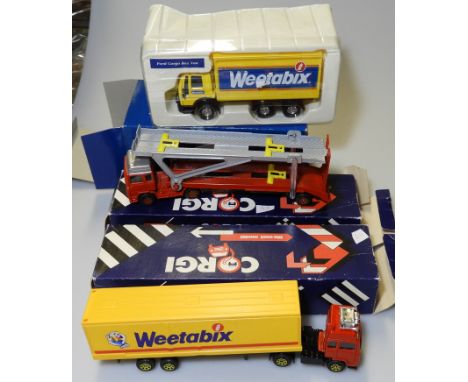 BOXED CORGI VOLVO WEETABIX TRUCK, CARGO BOX VAN + VOLVO CAR TRANSPORTER 