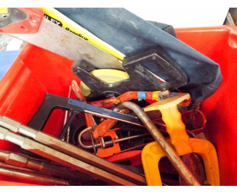 A quantity of hand tools including chisels, cold chisels, large drills, saws etc  