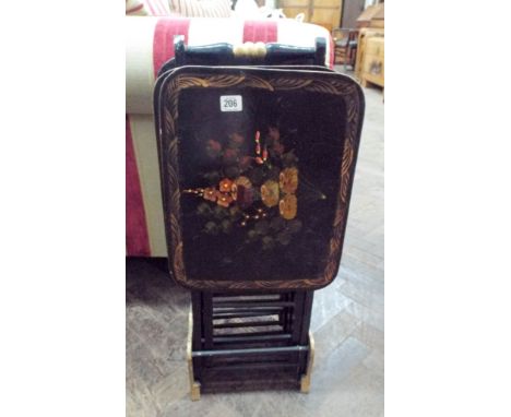 A set of late Victorian floral painted wine or coffee tables on stand to look like fire screen 