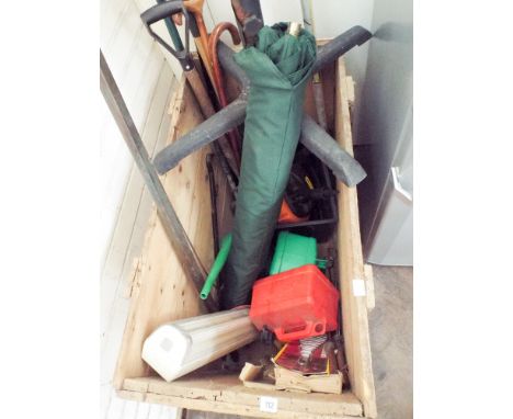 A very large wooden box of tools, petrol cans, large garden parasol, walking sticks, tree pruner etc 
