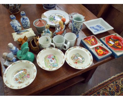 Bunnykins nursery china, blue and white vases, Poole pottery etc