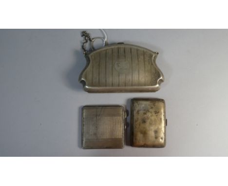 A Square Silver Compact with Engine Turned Decoration together with a Ladies Silver Plated Purse and a Silver Cigarette Case 