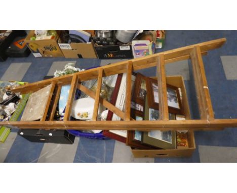 Three Boxes of China, Glass Pictures and Prints Together with a Vintage Wooden Step Ladder